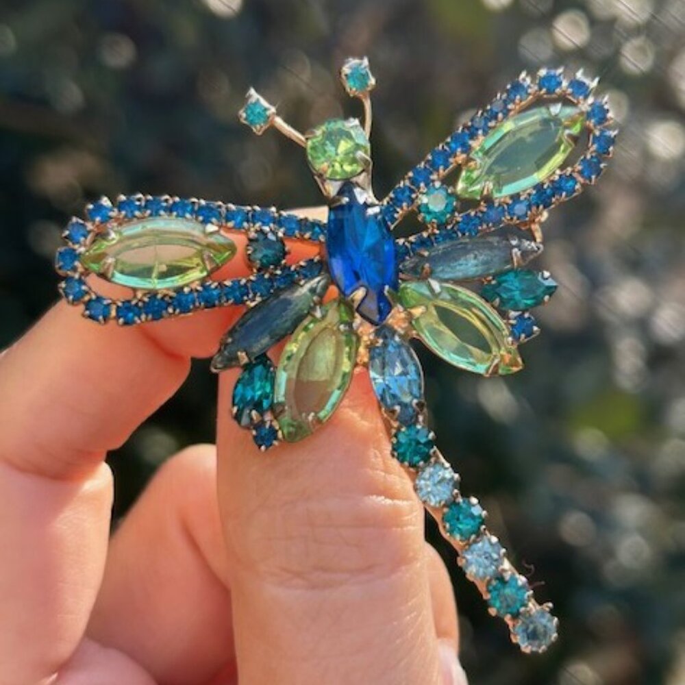 DRAGONFLY Blue/Green Rhinestone Filigree Gold Large BROOCH